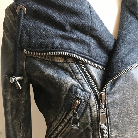 Andrew Marc Jackets & Blazers - Womens Andrew Marc Leather Jacket Size XS Black Brown Moto Hoodie Biker Grunge